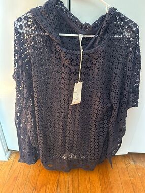 Anthropologie Navy Crochet Lace Hooded Tunic